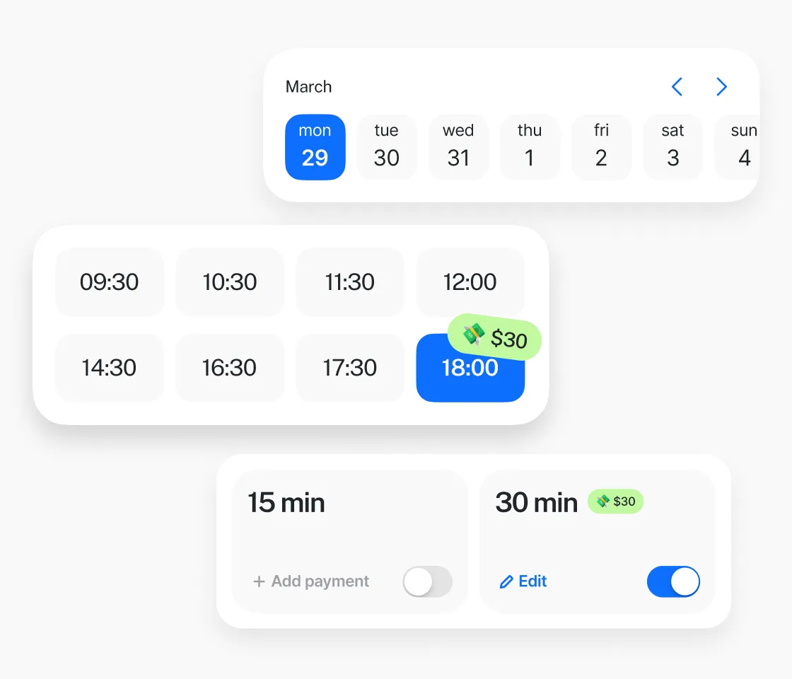 Wellpin interface for paid meeting booking with time selection and instant payment