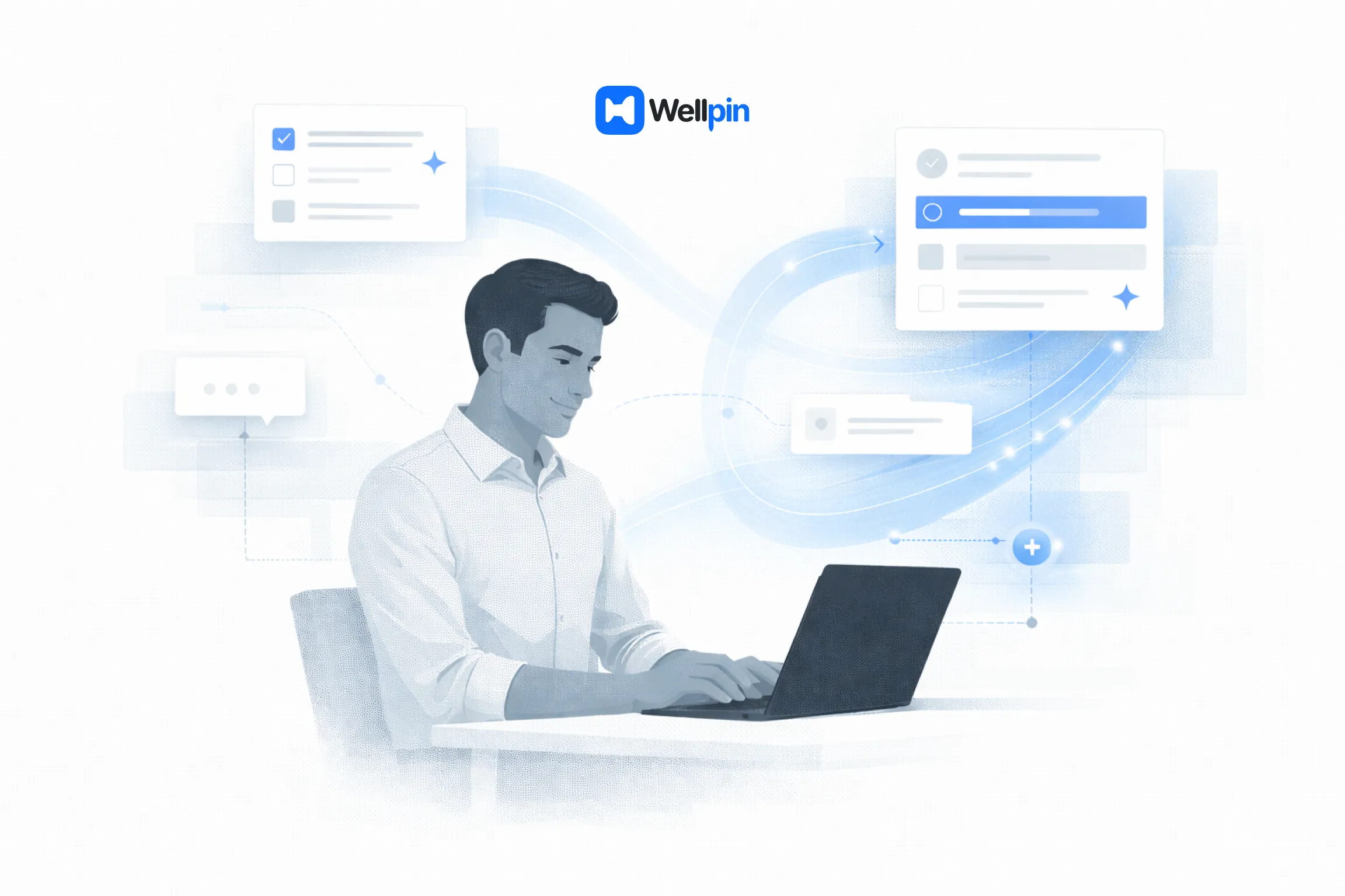 Illustration of a productive professional with AI assistance guiding work in