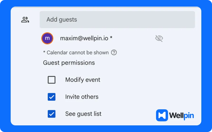 Google Calendar guest settings showing how to add guests and manage guest permissions for a meeting