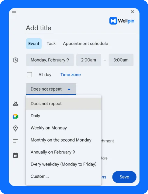 Google Calendar event editor showing the repeat options for creating a recurring meeting