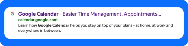 Google Calendar website link preview showing calendar.google.com in search results