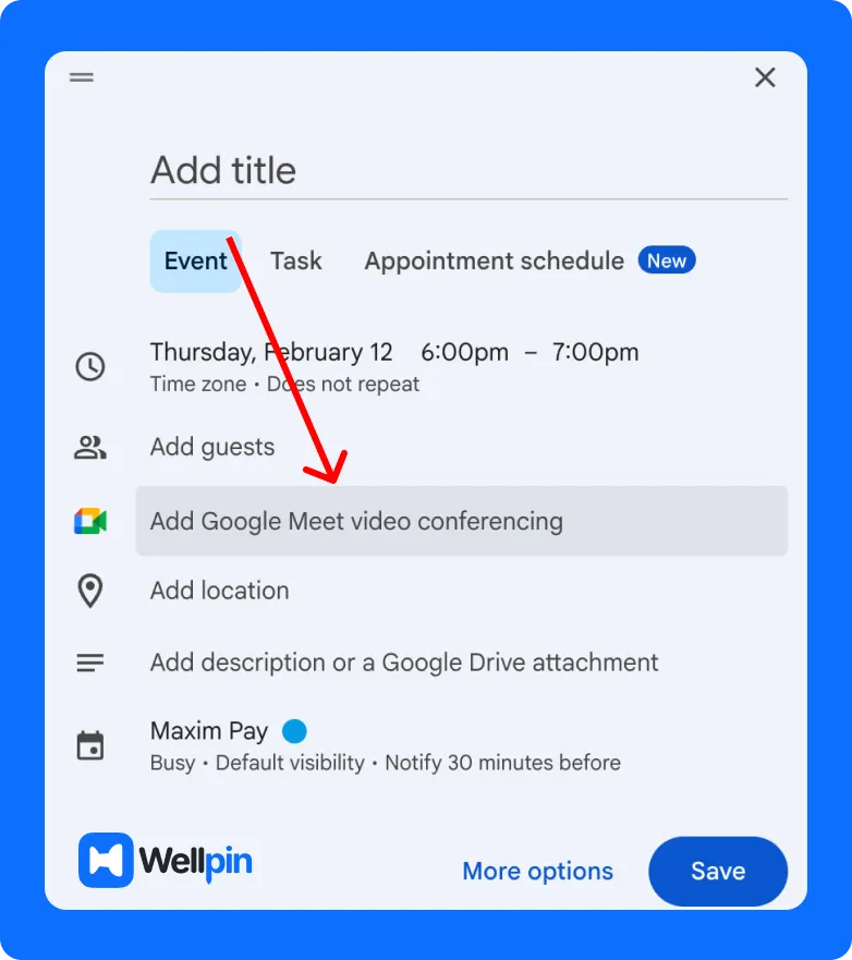 Google Calendar event editor showing the Add Google Meet video conferencing option
