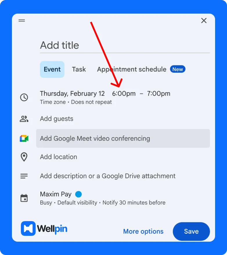 Google Calendar event editor showing the date and time selection for a meeting
