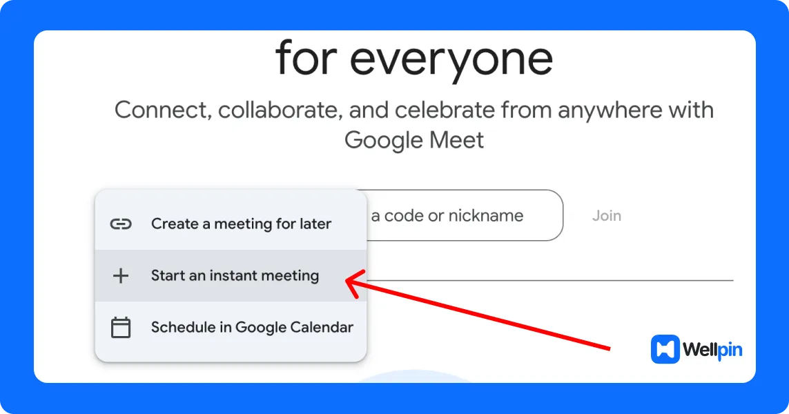 Google Meet interface showing the option to start an instant meeting