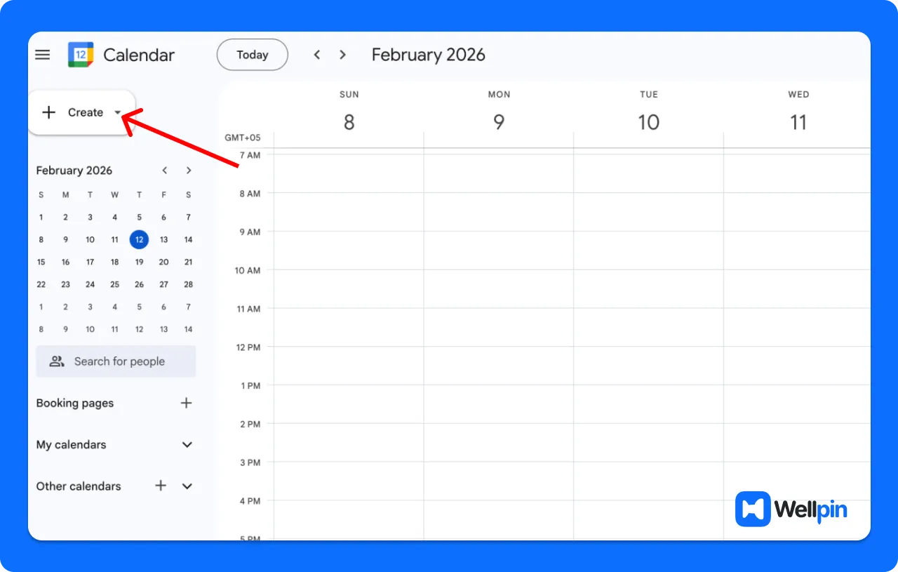 Google Calendar interface showing the Create button to add a new event and schedule a Google Meet
