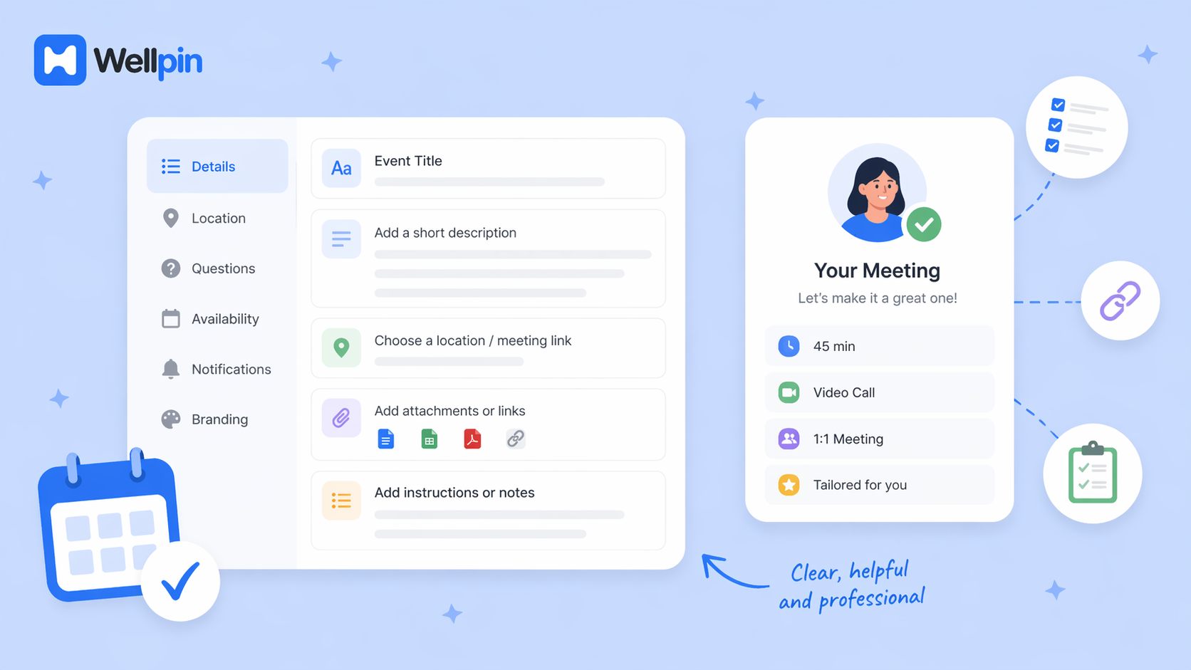 Google Calendar appointment setup with event details, meeting info, and booking experience preview