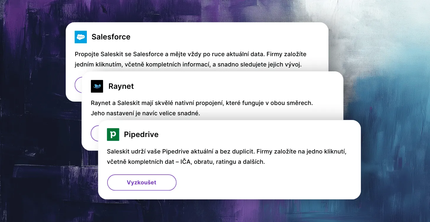 CRM platformy, Salesforce, Raynet, Pipedrive a další, které aplikace Saleskit (Merk, Leady) podporuje.
