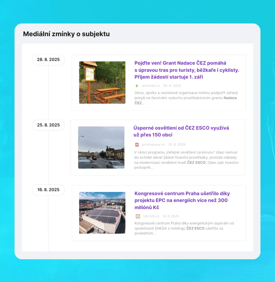 Náhled z aplikace Saleskit, modul Merk, ukazující mediální zmínky o daném subjektu, online novinové články.