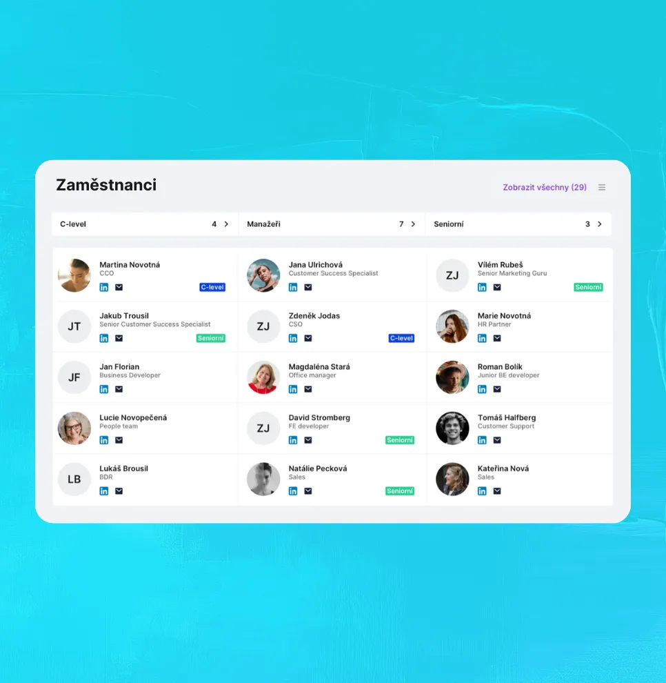 Náhled z aplikace Saleskit, modul Merk, ukazující databázi zaměstnanců firem s propojením na LinkedIn.