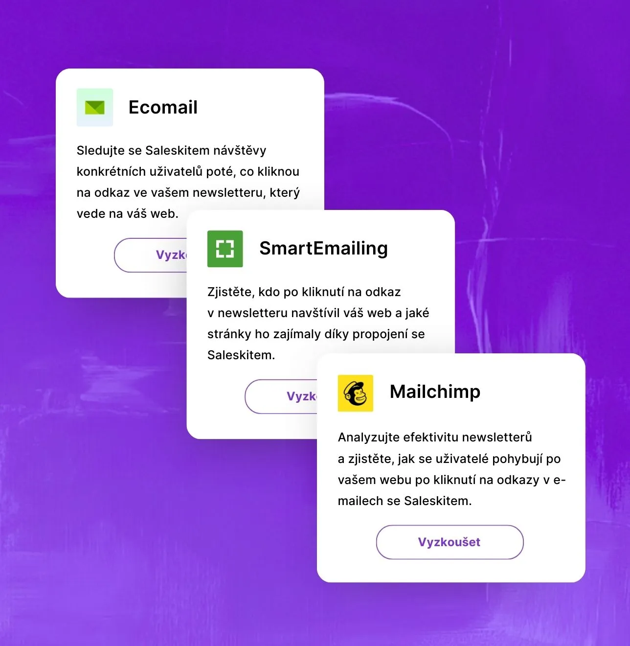 Emailing platformy, Ecomail, SmartEmailing, Mailchimp a další, které aplikace Saleskit (Merk, Leady) podporuje.
