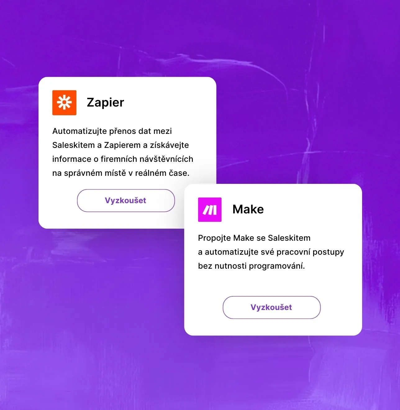 Konektory, Zapier a Make, které aplikace Saleskit (Merk, Leady) podporuje.
