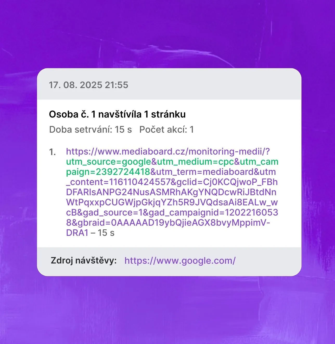 Náhled aplikace Saleskit, modul Leady, zobrazující detaily návštěvy a UTM parametry z marketingové kampaně.