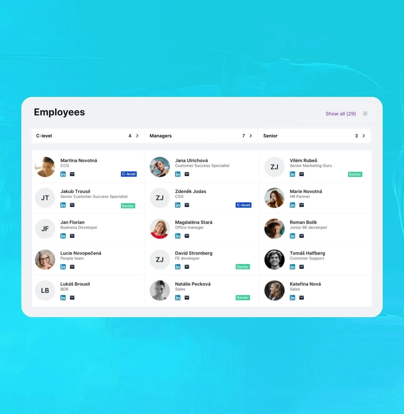 Preview from the Saleskit application, Merk module, showing a database of company employees with links to LinkedIn.