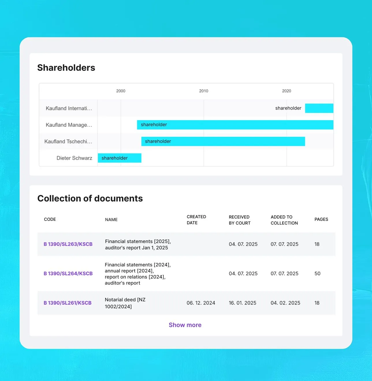 Preview from the Saleskit application, Merk module, showing an overview of shareholders and a collection of documents.