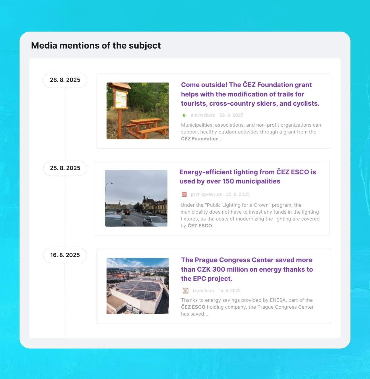 Preview from the Saleskit application, Merk module, showing media mentions of a given entity, online newspaper articles.