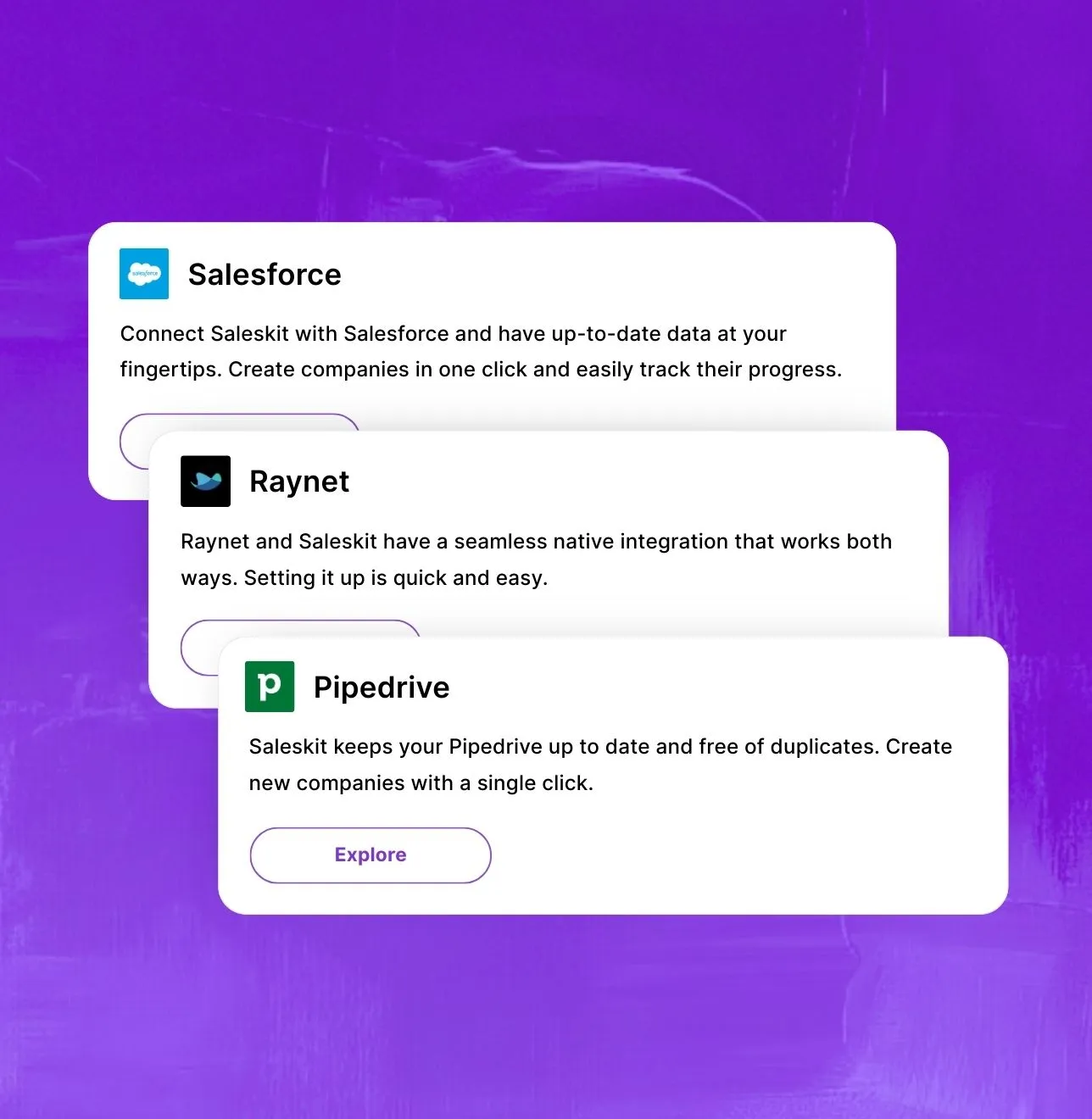 CRM platforms, Salesforce, Raynet, Pipedrive, and others supported by Saleskit (Merk, Leady) applications.