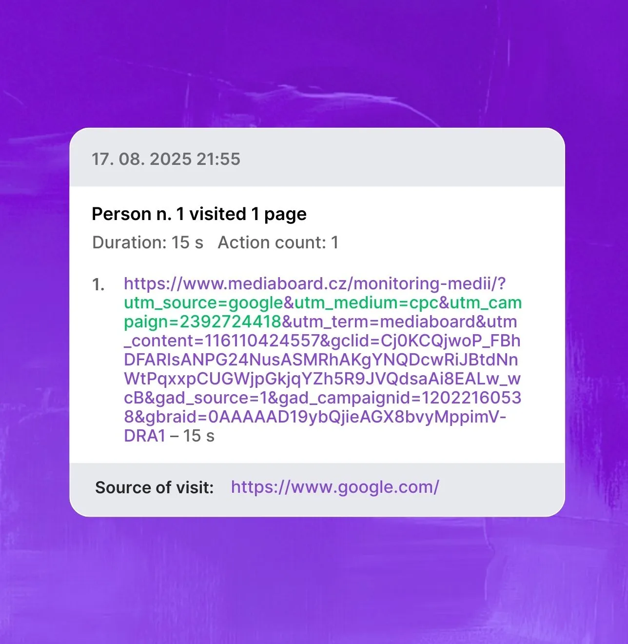 Saleskit screen preview, Leady module, displaying visit details and UTM parameters from a marketing campaign.