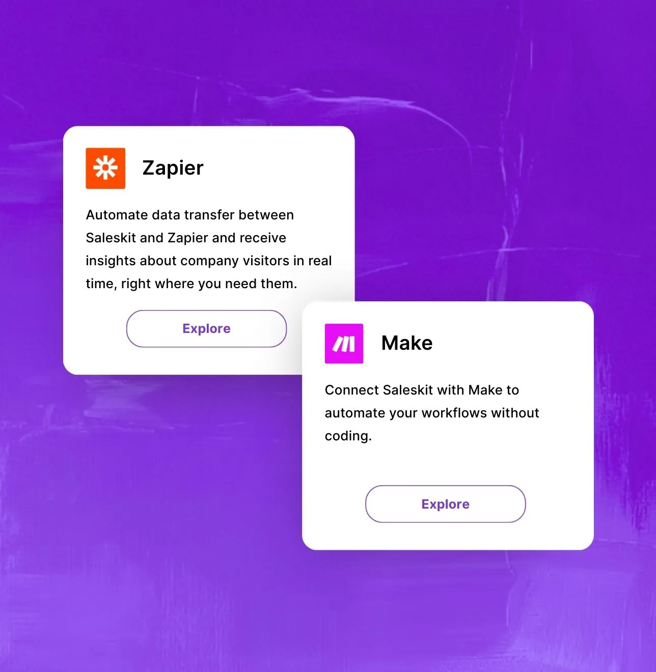 Connectors, Zapier, and Make supported by Saleskit (Merk, Leady) applications.