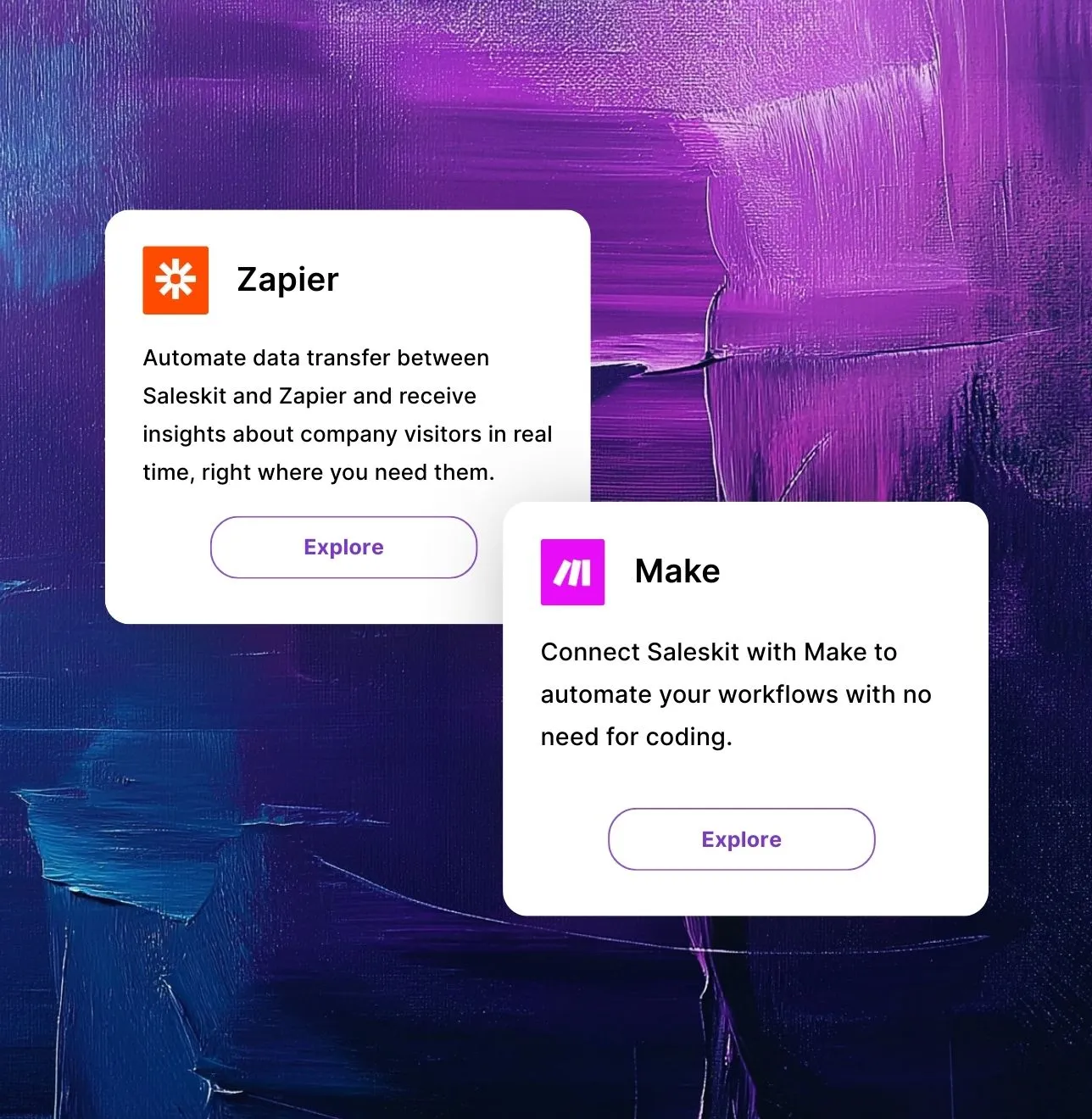 Connectors, Zapier, and Make supported by Saleskit (Merk, Leady) applications.