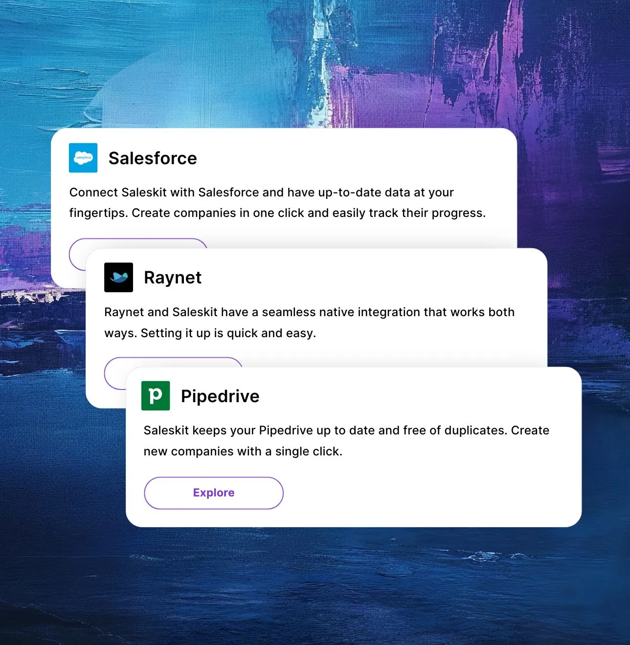 CRM platforms, Salesforce, Raynet, Pipedrive, and others supported by Saleskit (Merk, Leady) applications.