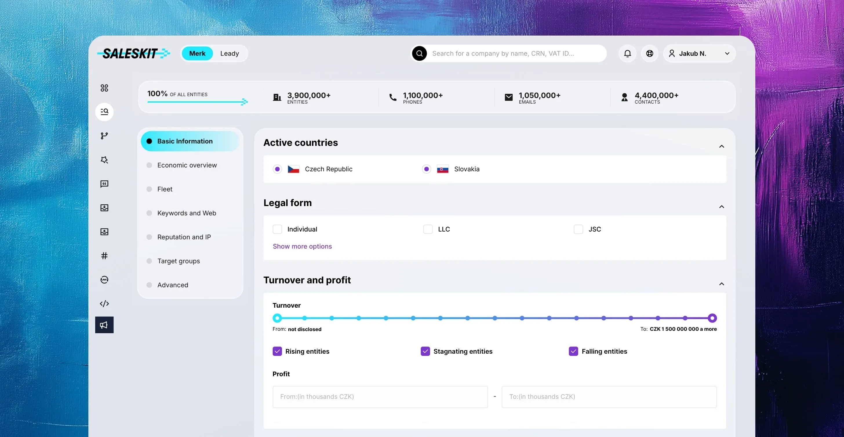 100+ filtering options for companies in Czechia and Slovakia, Saleskit application, Merk module.