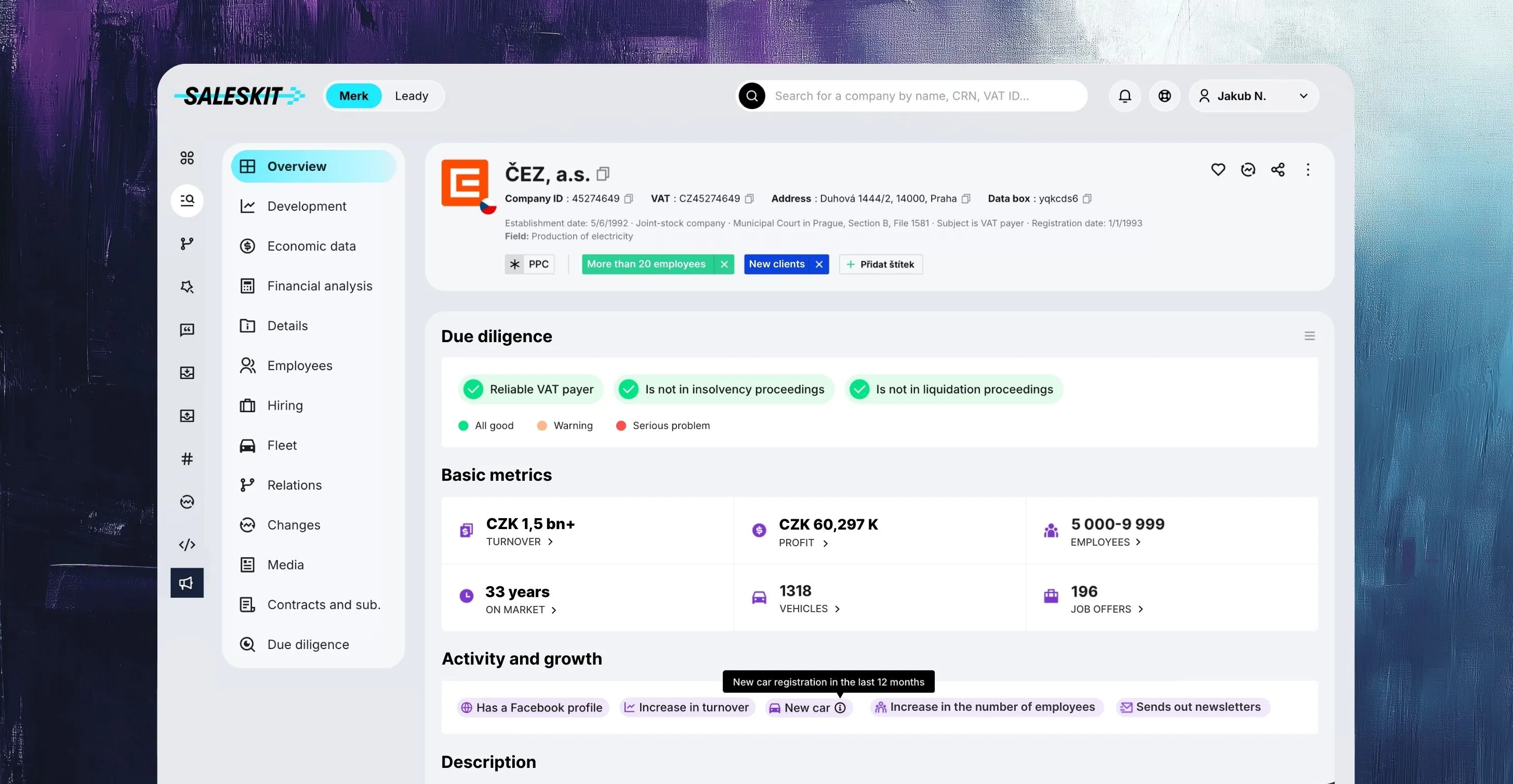 Overview of companies and their economic data in the Czech Republic and Slovakia in the Saleskit application.