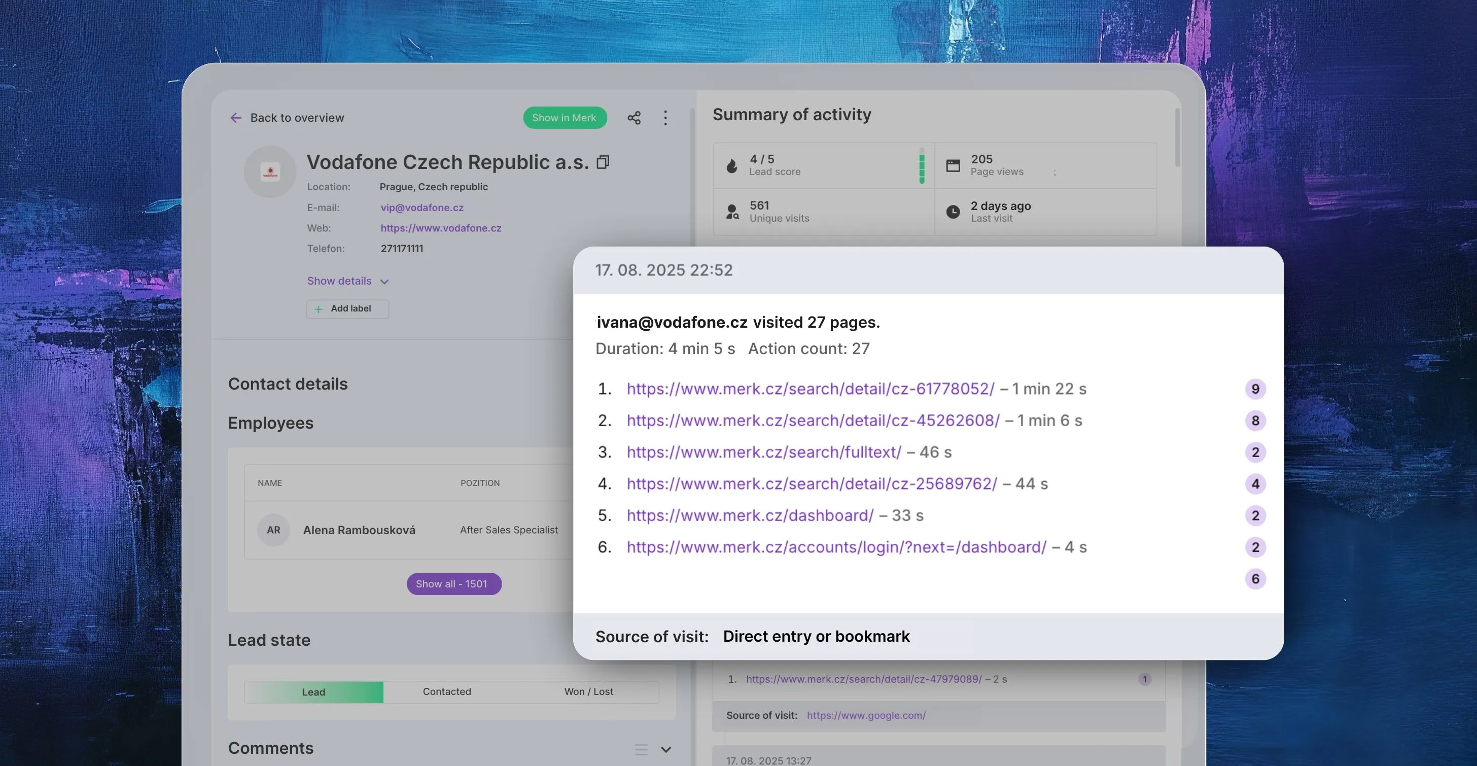 An overview of customers path on a website through the Saleskit app, Leady module.