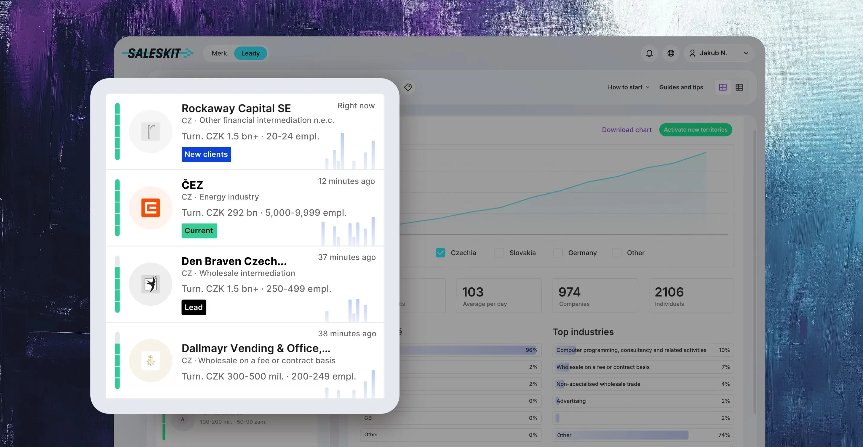 Overview of detailed company visits to your website with the Saleskit app, Leady module.
