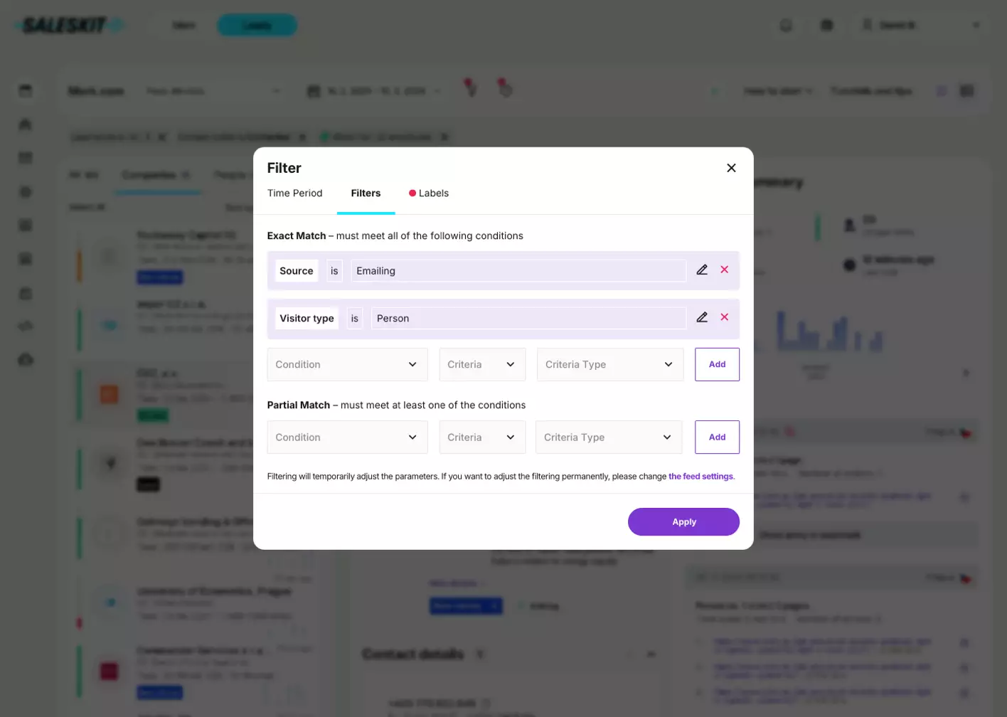 Filtering options for company visits in the Leady module from Saleskit.