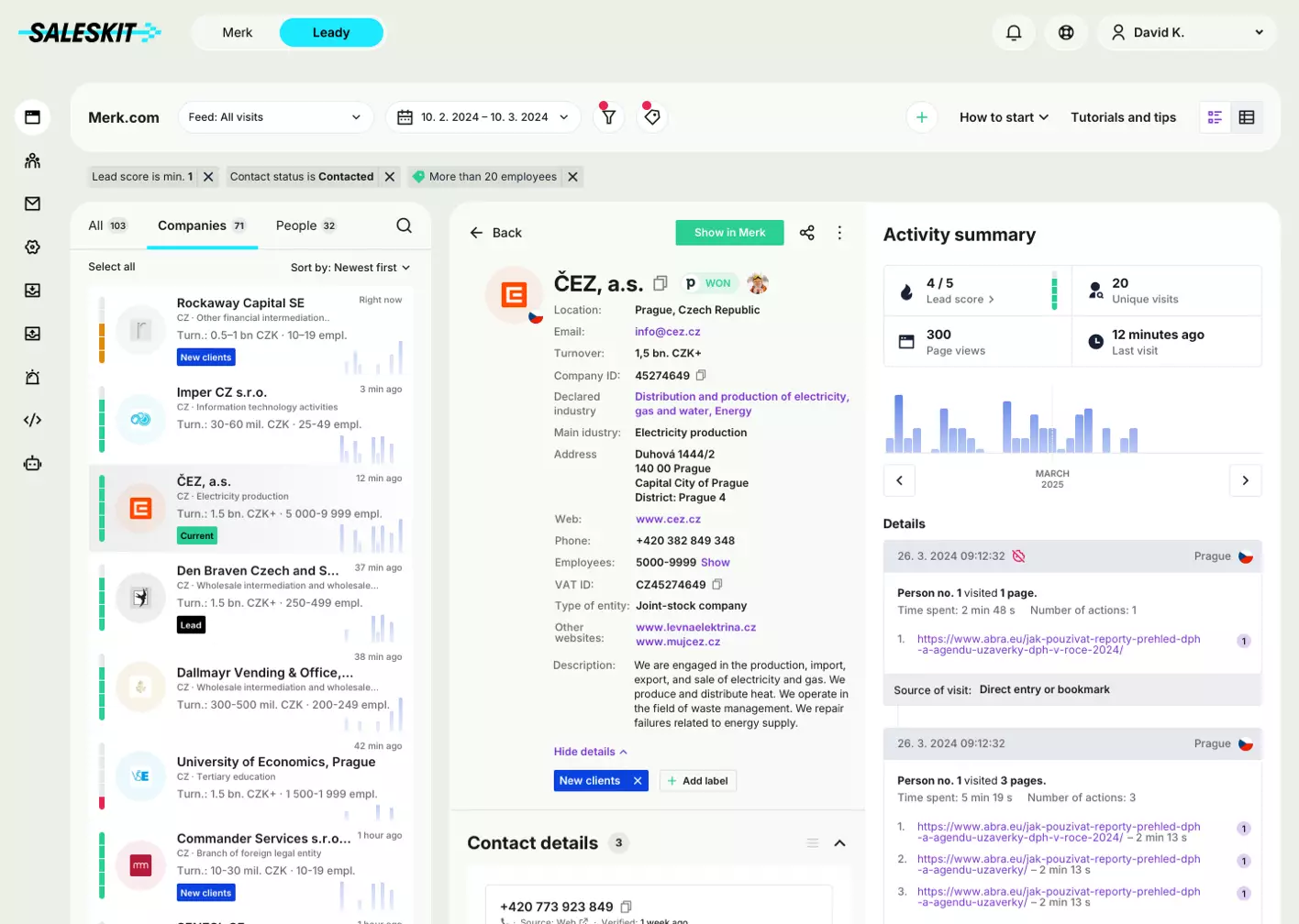 The Leady module from Saleskit provides clear information about which companies visited your website, what they viewed, and how long they spent there.