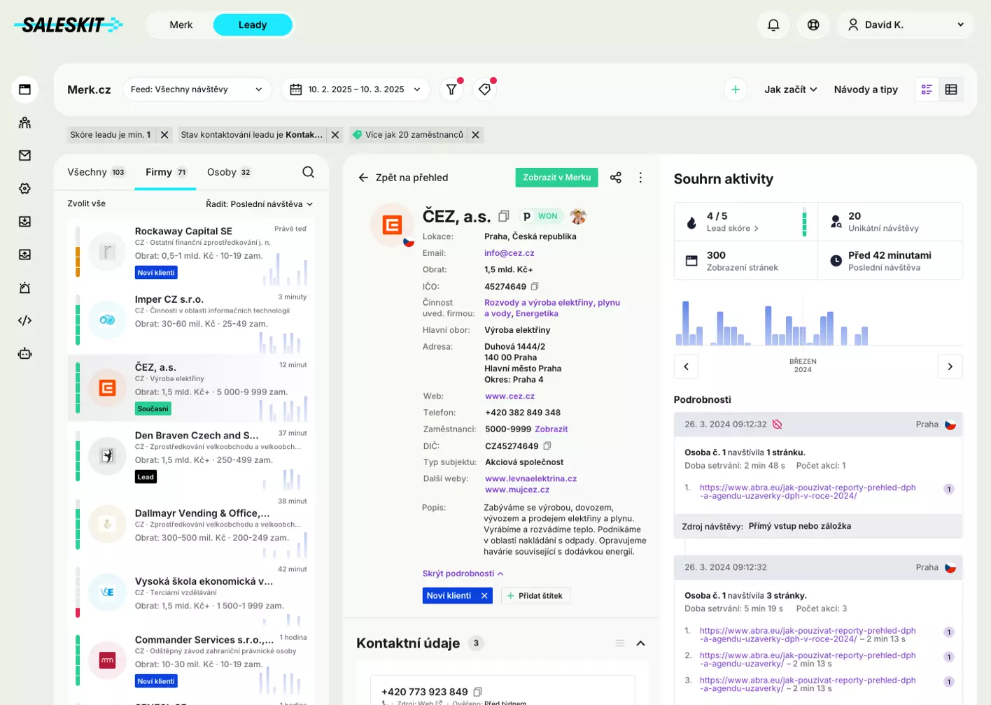 Modul Leady od Saleskitu poskytuje jasné informace o tom, které společnosti navštívily váš web, co si prohlížely a jak dlouho na něm strávily.
