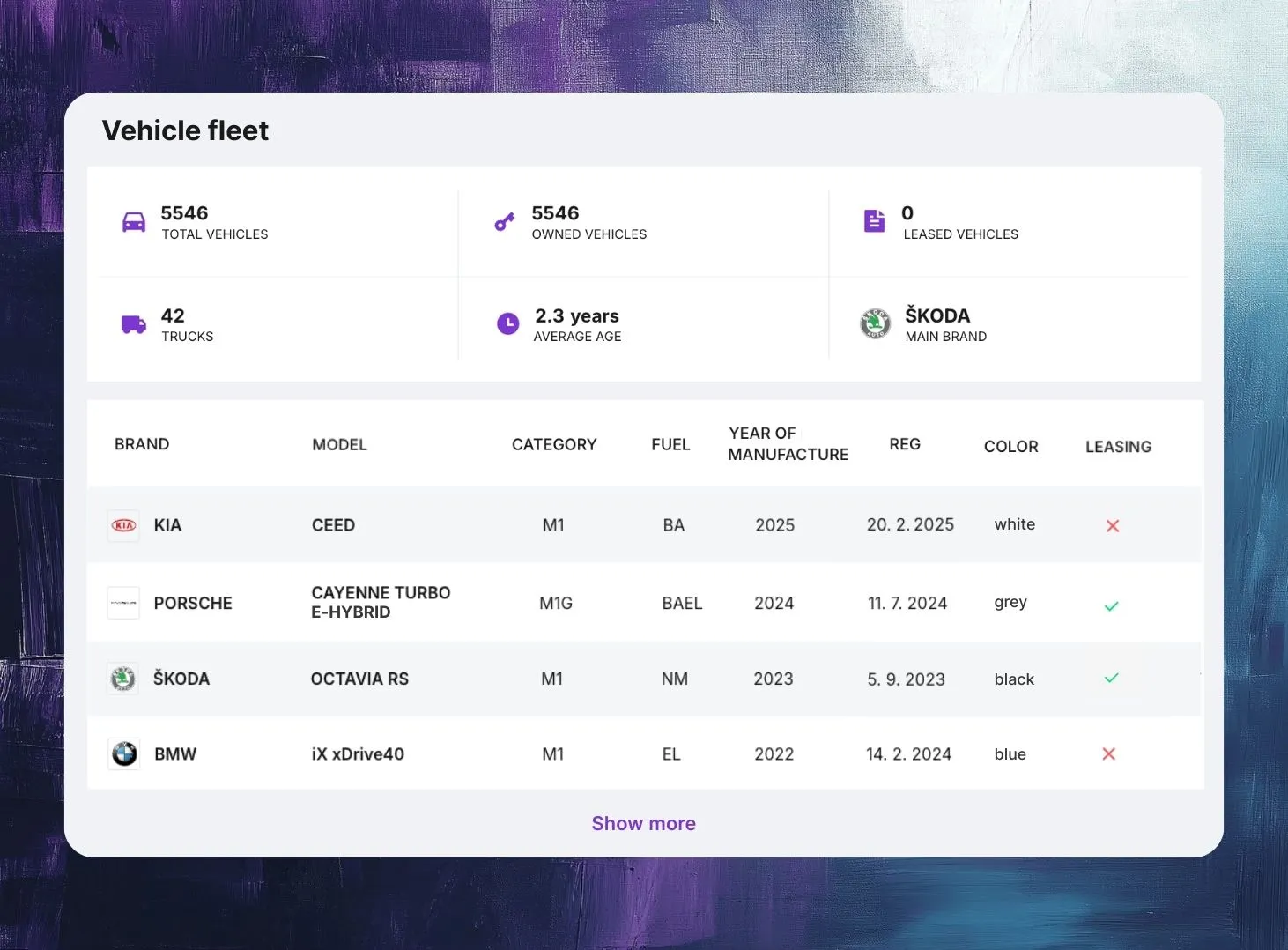 Saleskit app shows detailed information about vehicle fleet in Czechia and Slovakia.
