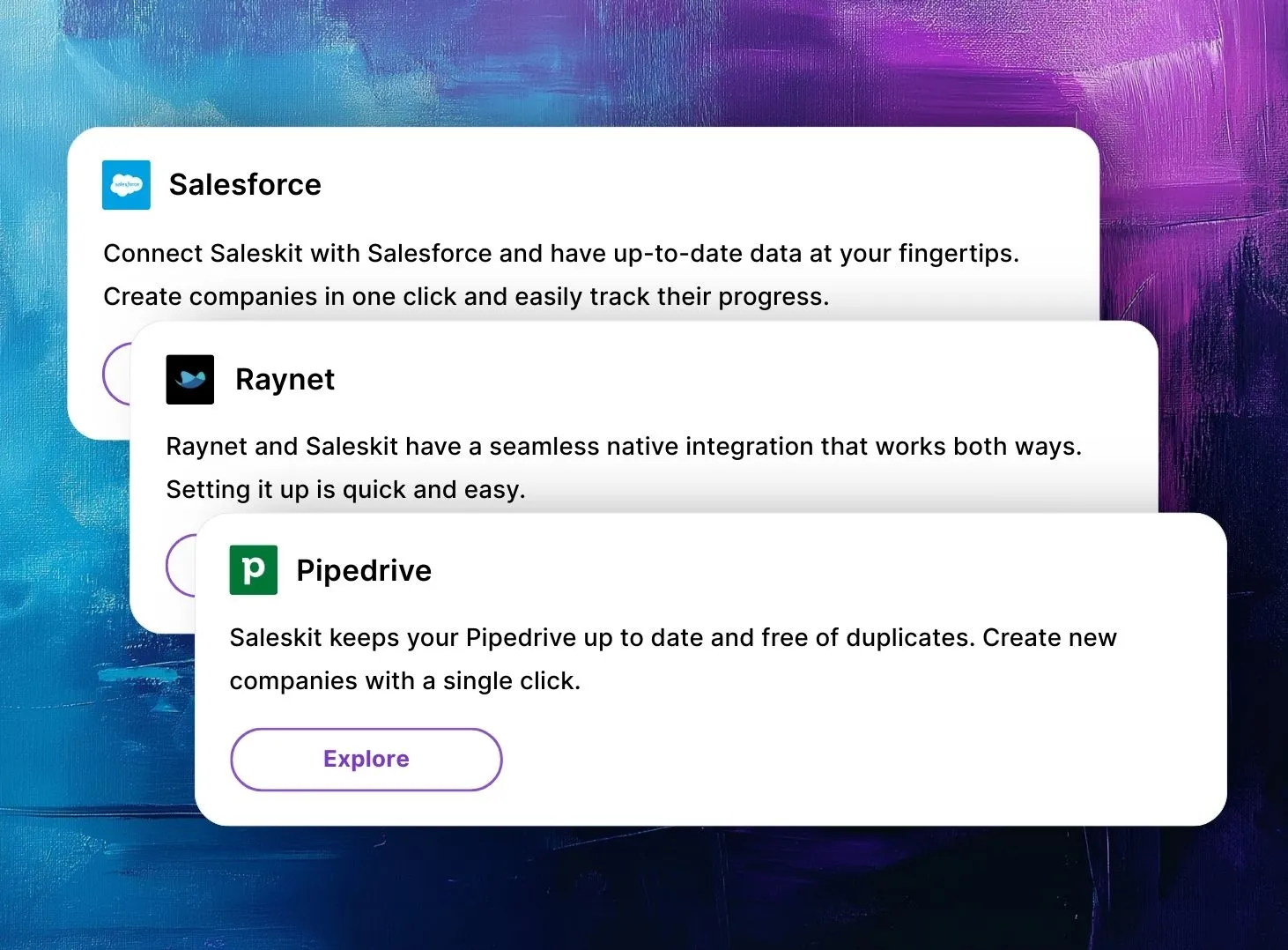 Saleskit keeps your Pipedrive, Raynet and Salesforce up to date and free of duplicates.