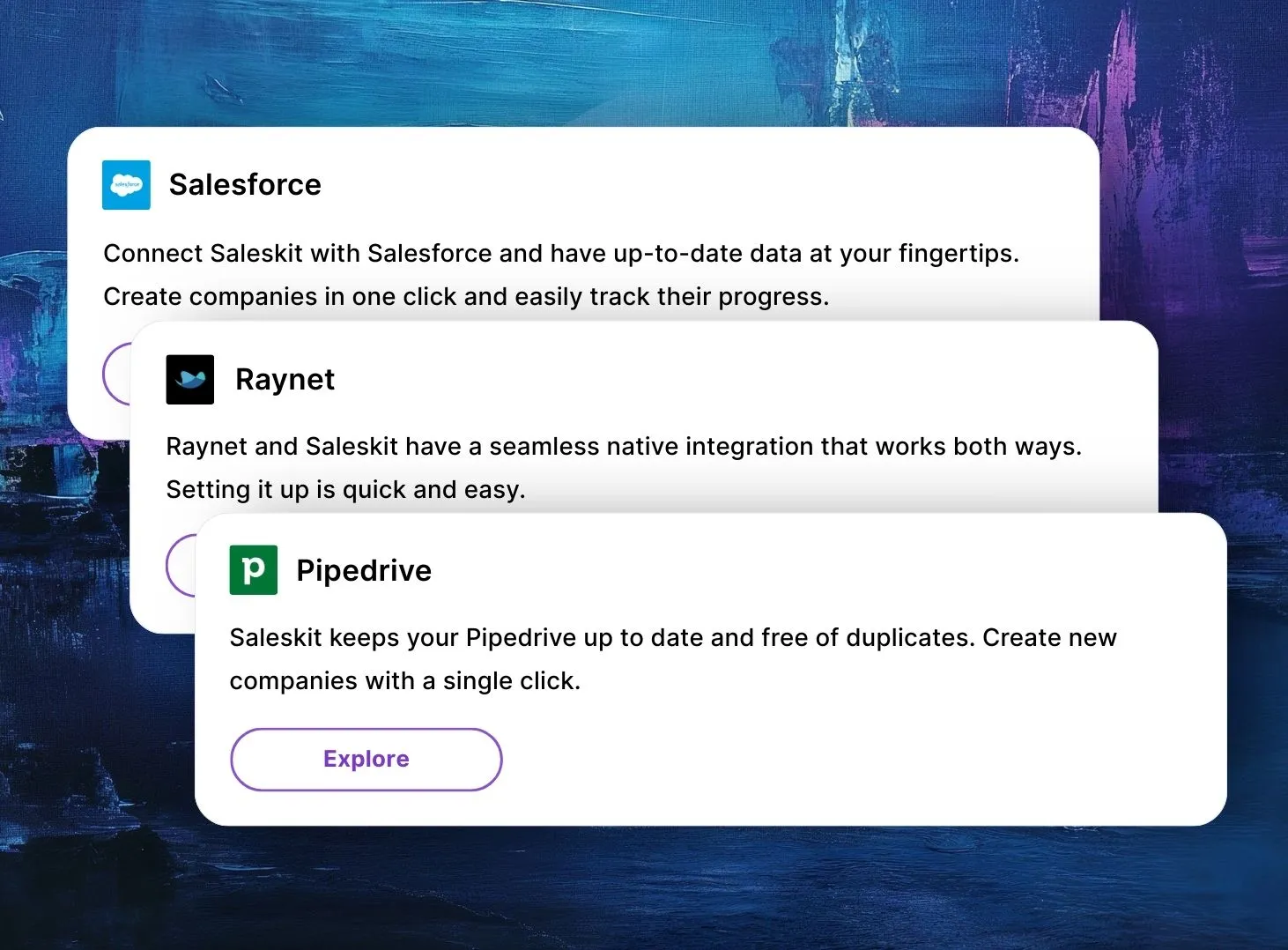 CRM systems like Salesforce and Pipedrive have seamless integrations with Saleskit that keeps your data up-to-date.