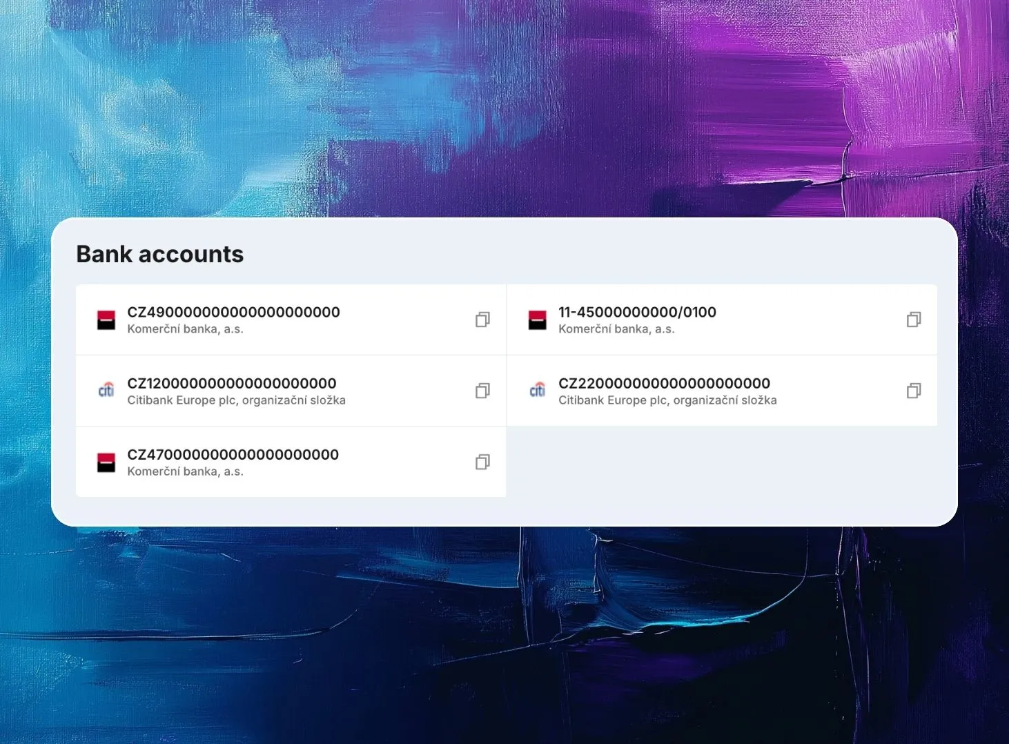 Overview of which bank accounts Czech and Slovak companies use in the Saleskit app.