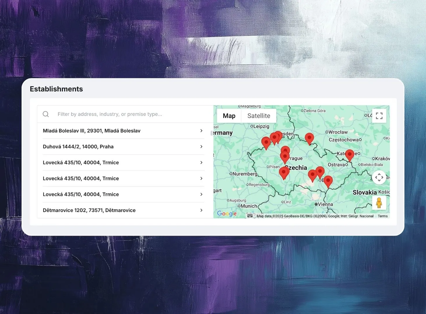 Saleskit map view tracking companies and their branches within your catchment area for precise B2B targeting.
