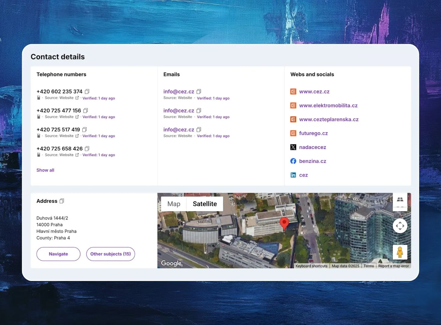 Saleskit platform showing verified company contacts, including email addresses, phone details, and social media links.