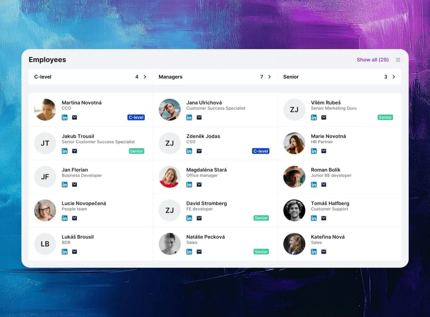 Saleskit Merk module showing a company contact database connected with LinkedIn profiles for B2B sales and marketing.