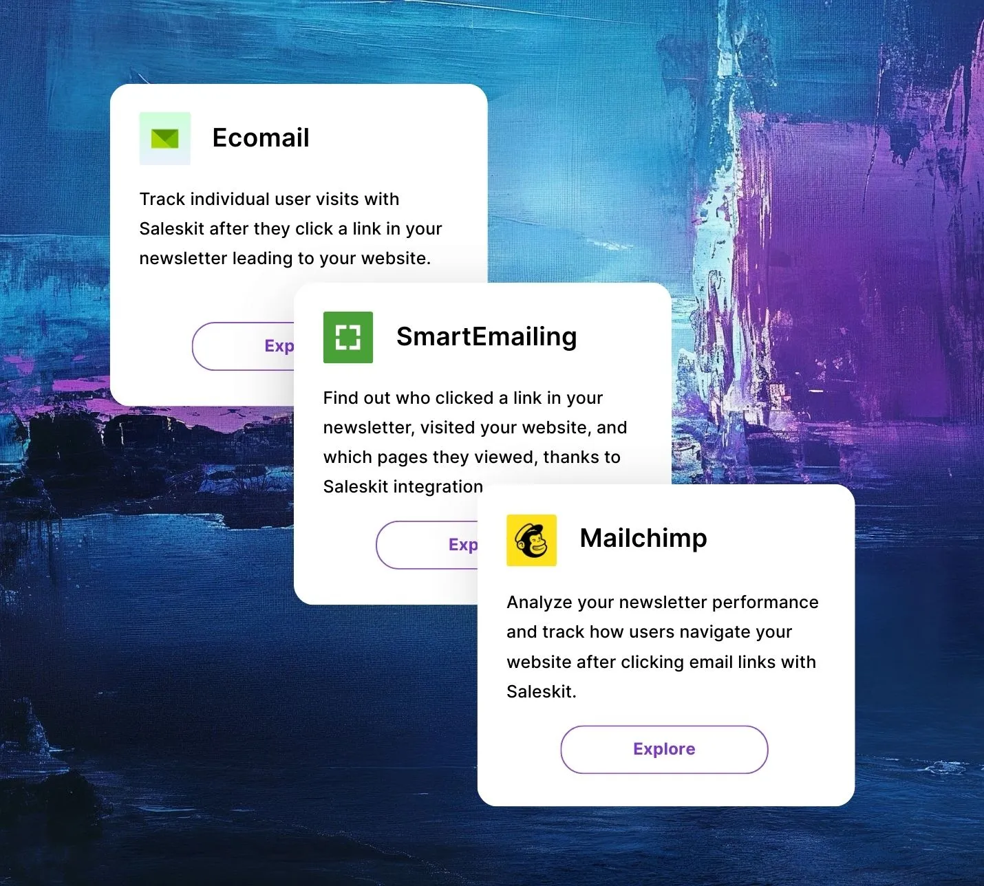 Preview of Saleskit-supported emailing platforms including Mailchimp, Ecomail, and SmartEmailing for marketing automation.