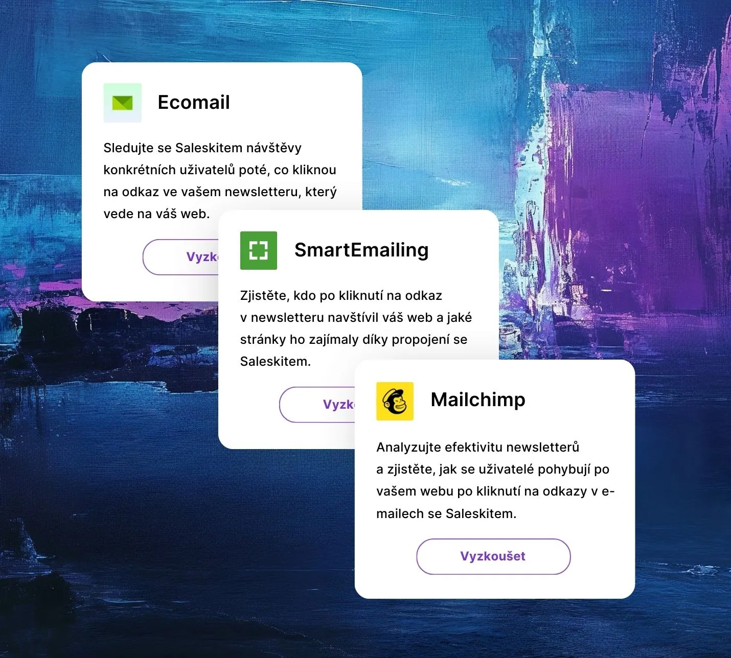 Ukázka e-mailingových platforem podporovaných Saleskitem, včetně Mailchimp, Ecomail a SmartEmailing pro marketingovou automatizaci.