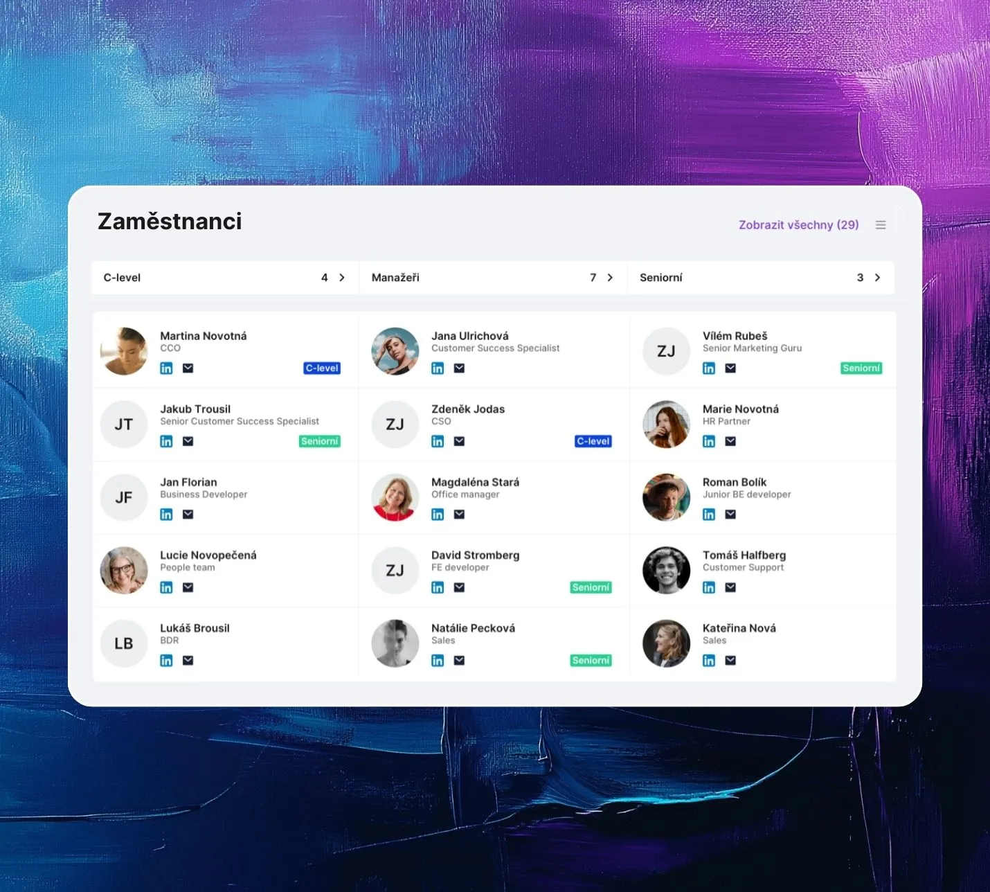 Modul Merk od Saleskitu zobrazující databázi kontaktů společnosti propojenou s profily LinkedIn pro B2B prodej a marketing.