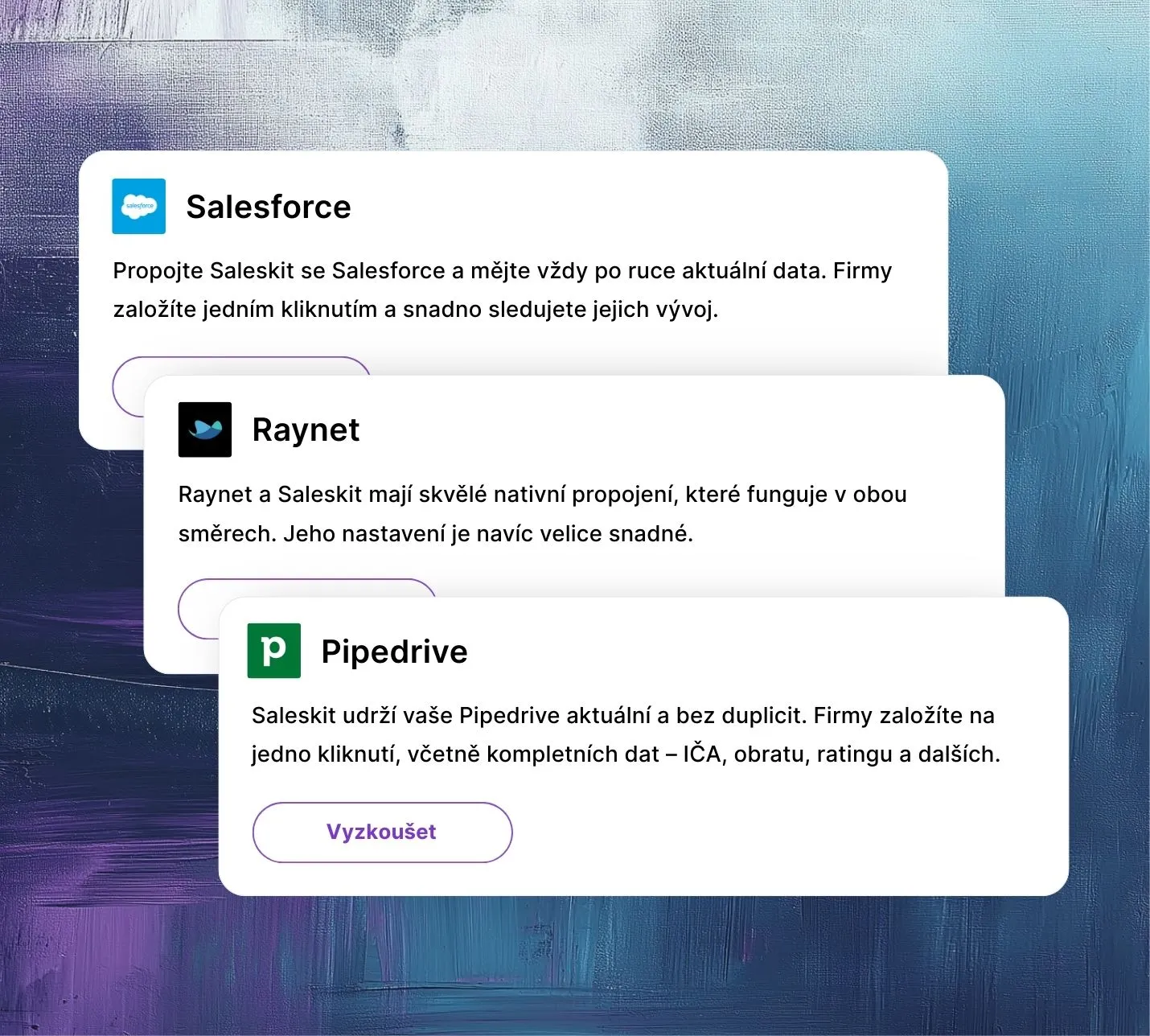 CRM platformy podporované Saleskitem, včetně Salesforce, Raynet, Pipedrive a dalších pro plynulou integraci B2B procesů.