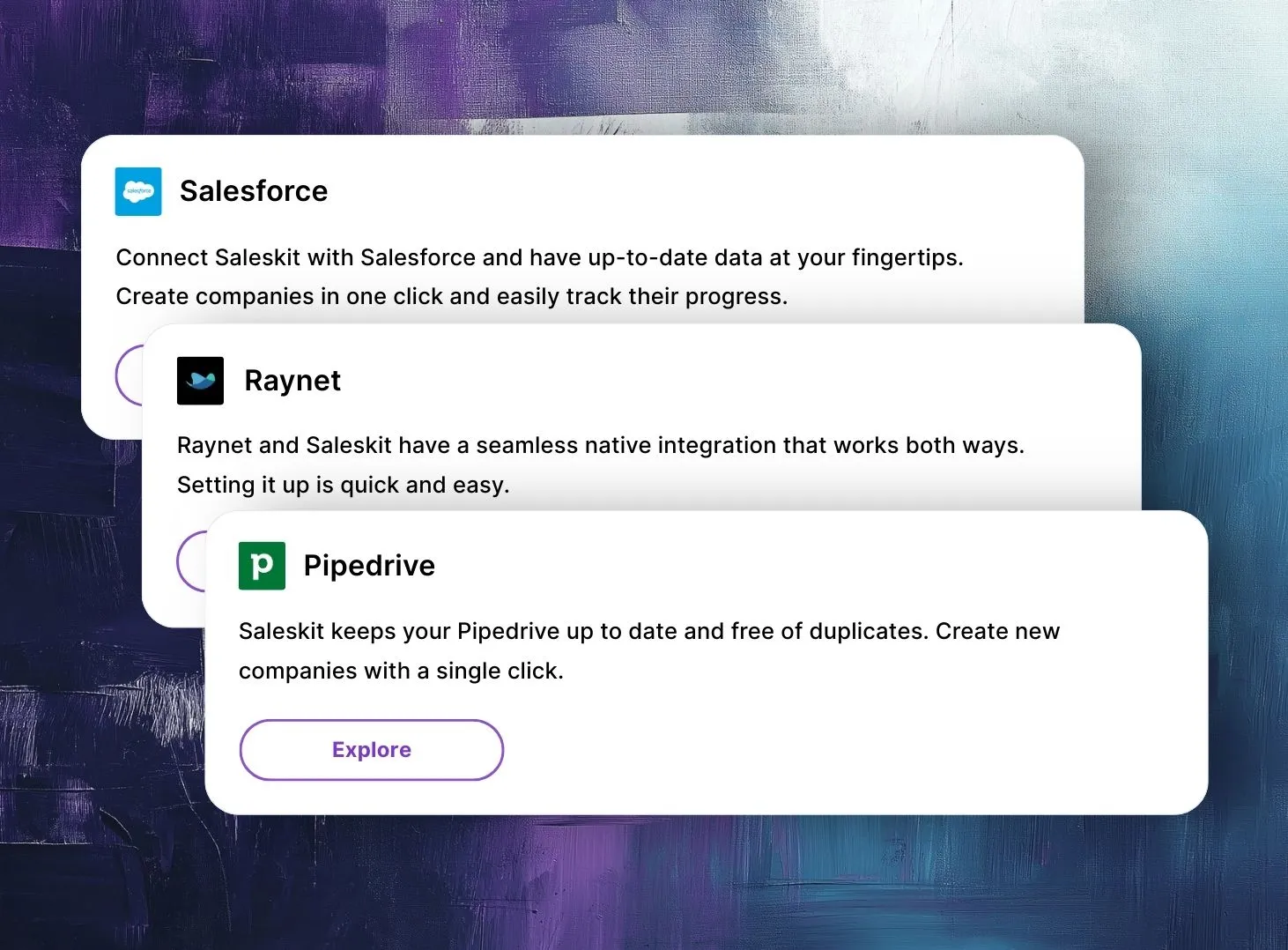 CRM platforms supported by Saleskit, including Salesforce, Raynet, Pipedrive, and others, making your B2B processes run smoothly.