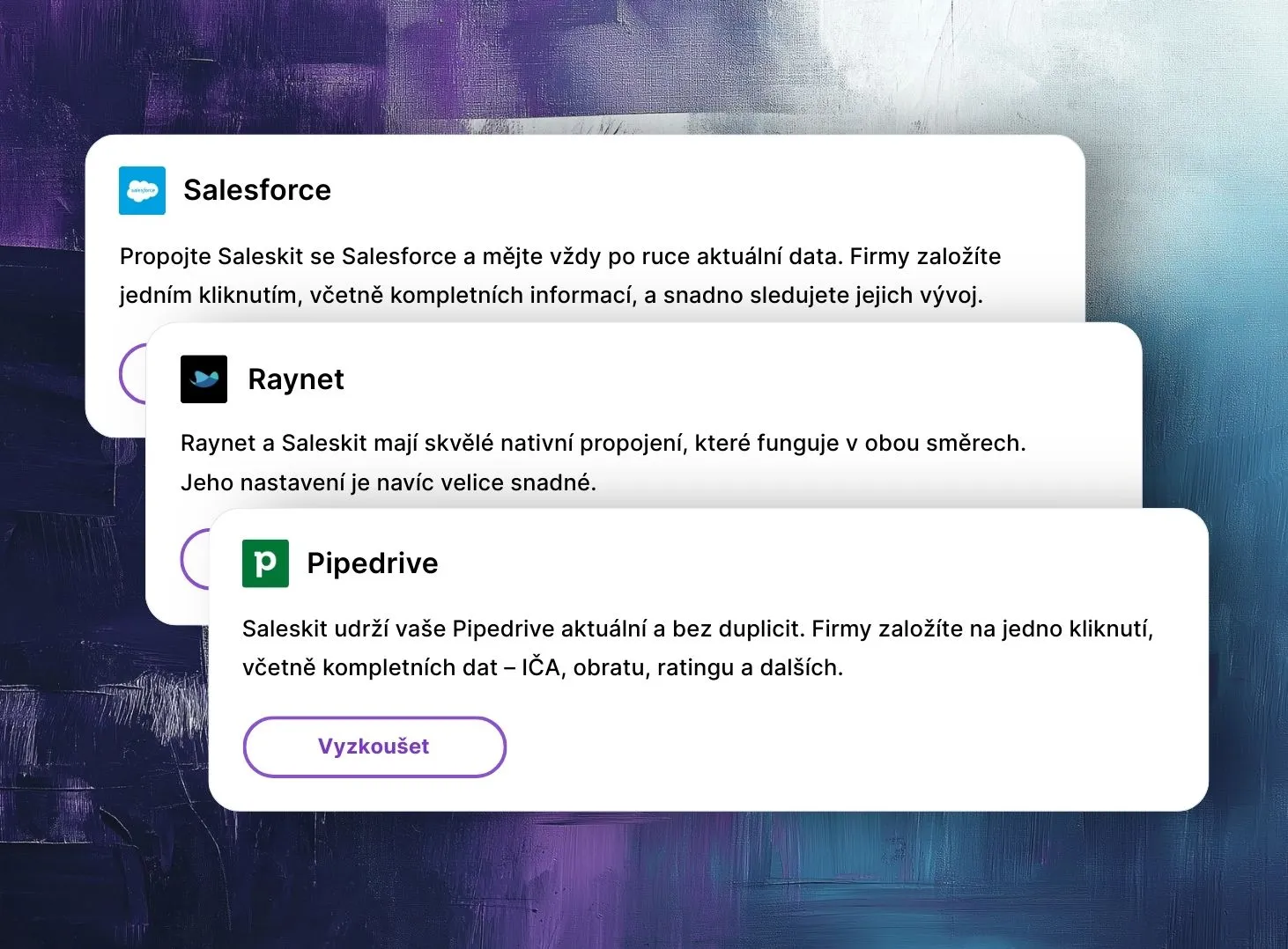 CRM platformy podporované aplikací Saleskit, včetně Salesforce, Raynet, Pipedrive a dalších, které zajišťují hladký průběh B2B procesů.