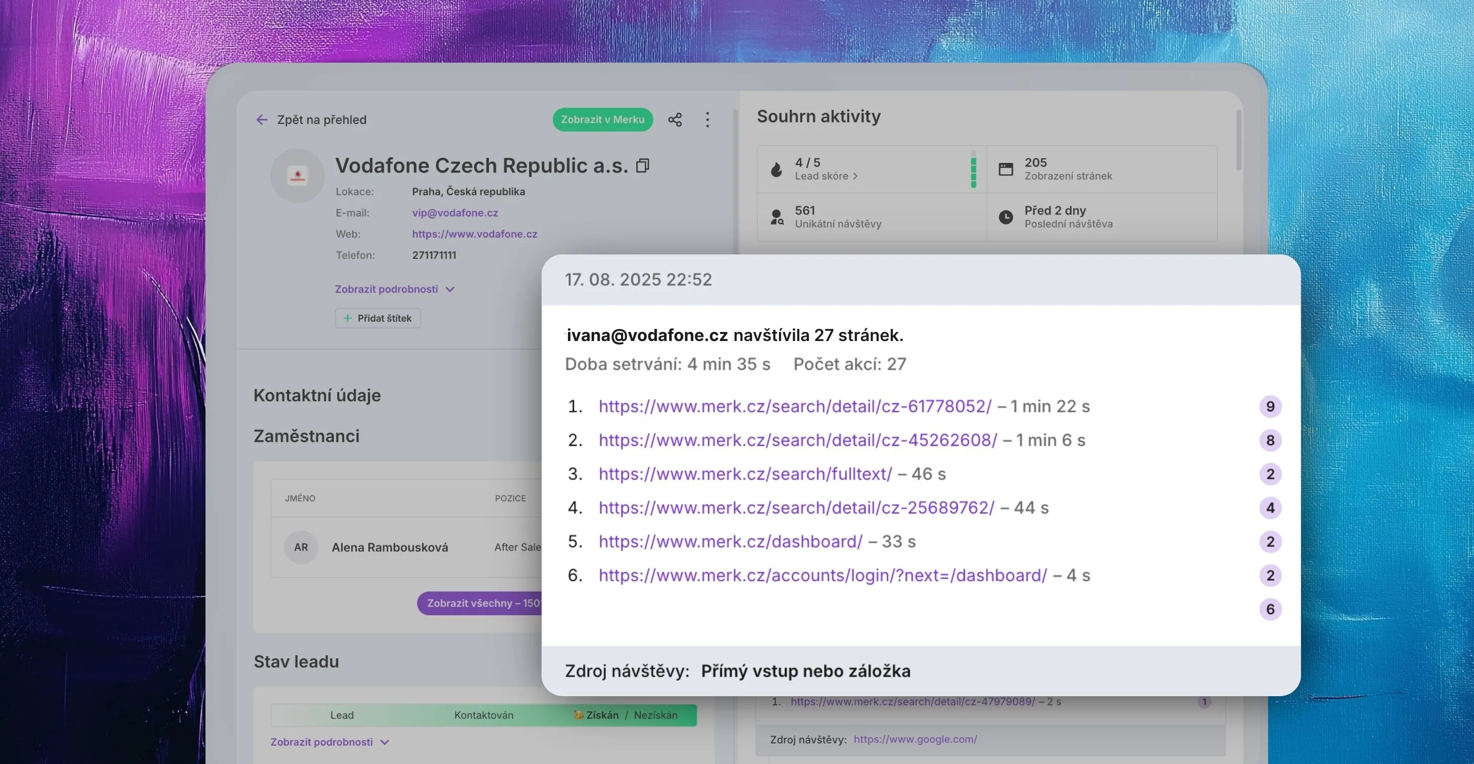 Modul Leady v Saleskitu zobrazující, které firmy navštívily váš web, jaké stránky si prohlížely a jak dlouho na nich strávily.