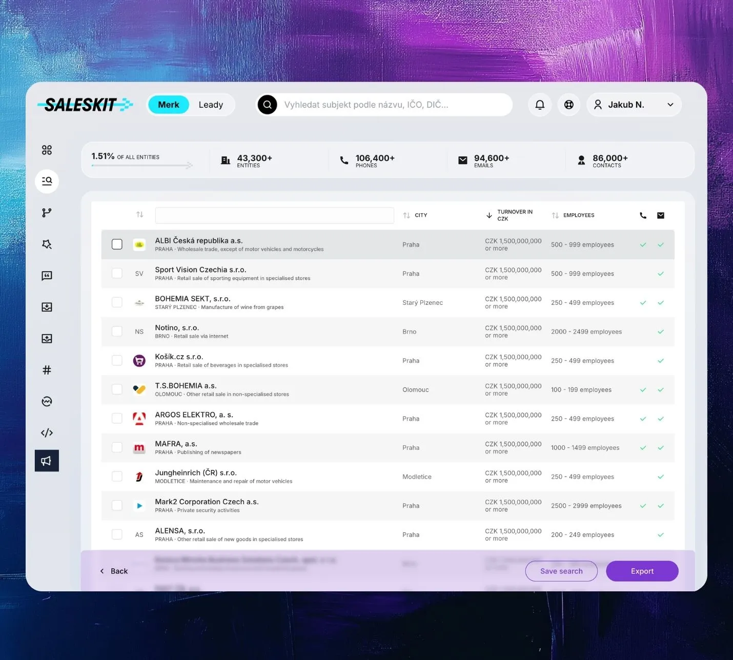 Saleskit Smart Match feature showing company search by reference customer to find similar businesses by industry, size, and financial data.