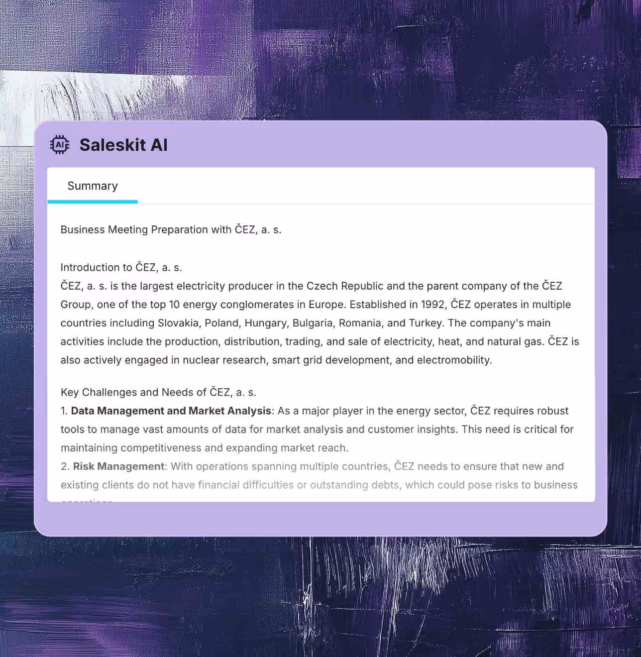 Saleskit AI is a tool that helps salespeople get ready for a business meeting within seconds.