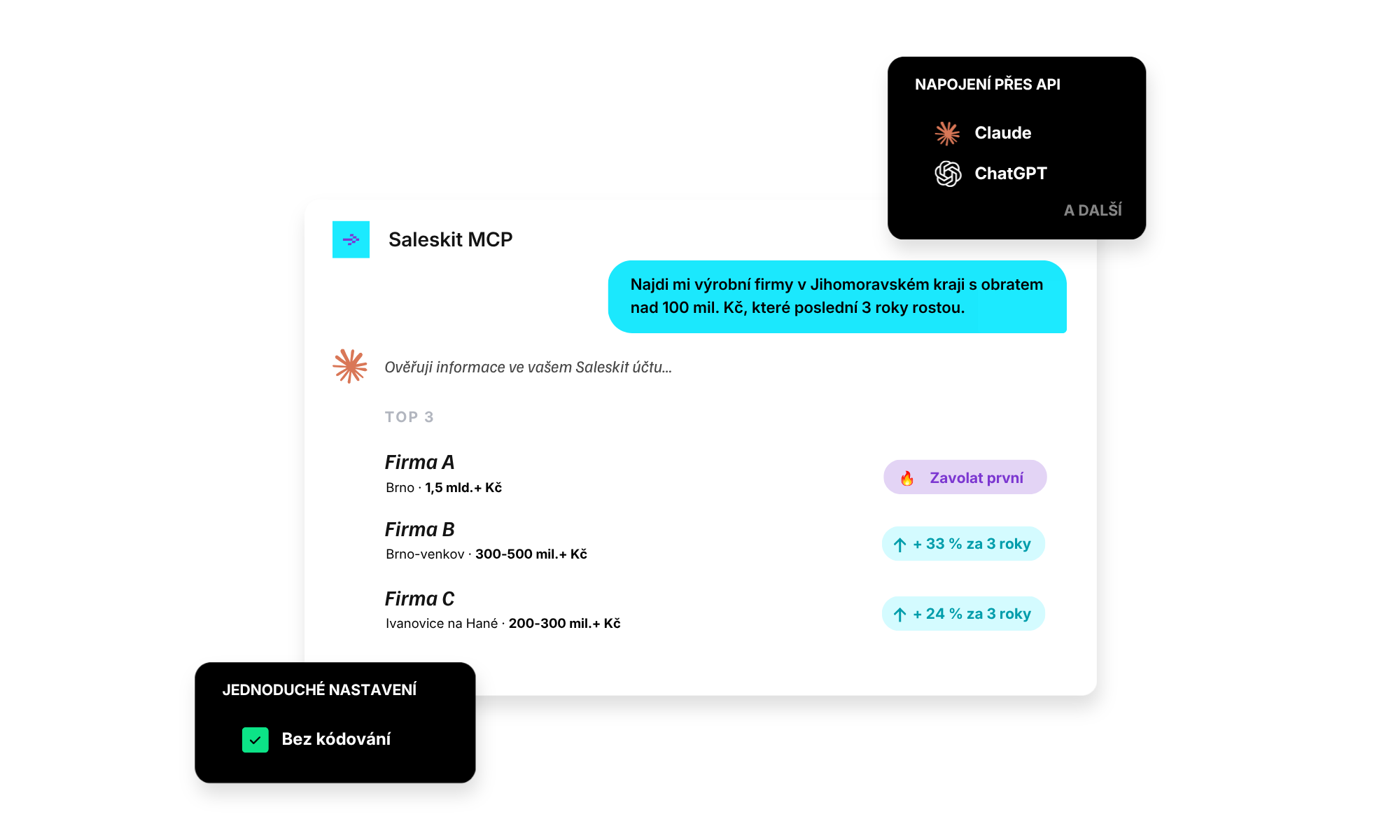 Ukázka chatového rozhraní Saleskit MCP s asistentem Claude a ChatGPT