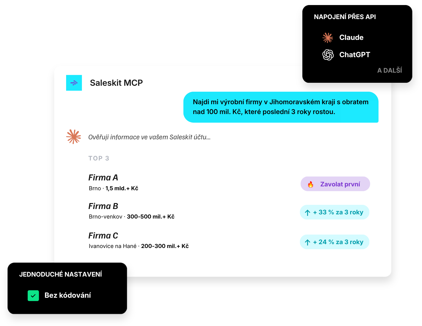 Ukázka chatového rozhraní Saleskit MCP s asistentem Claude a ChatGPT