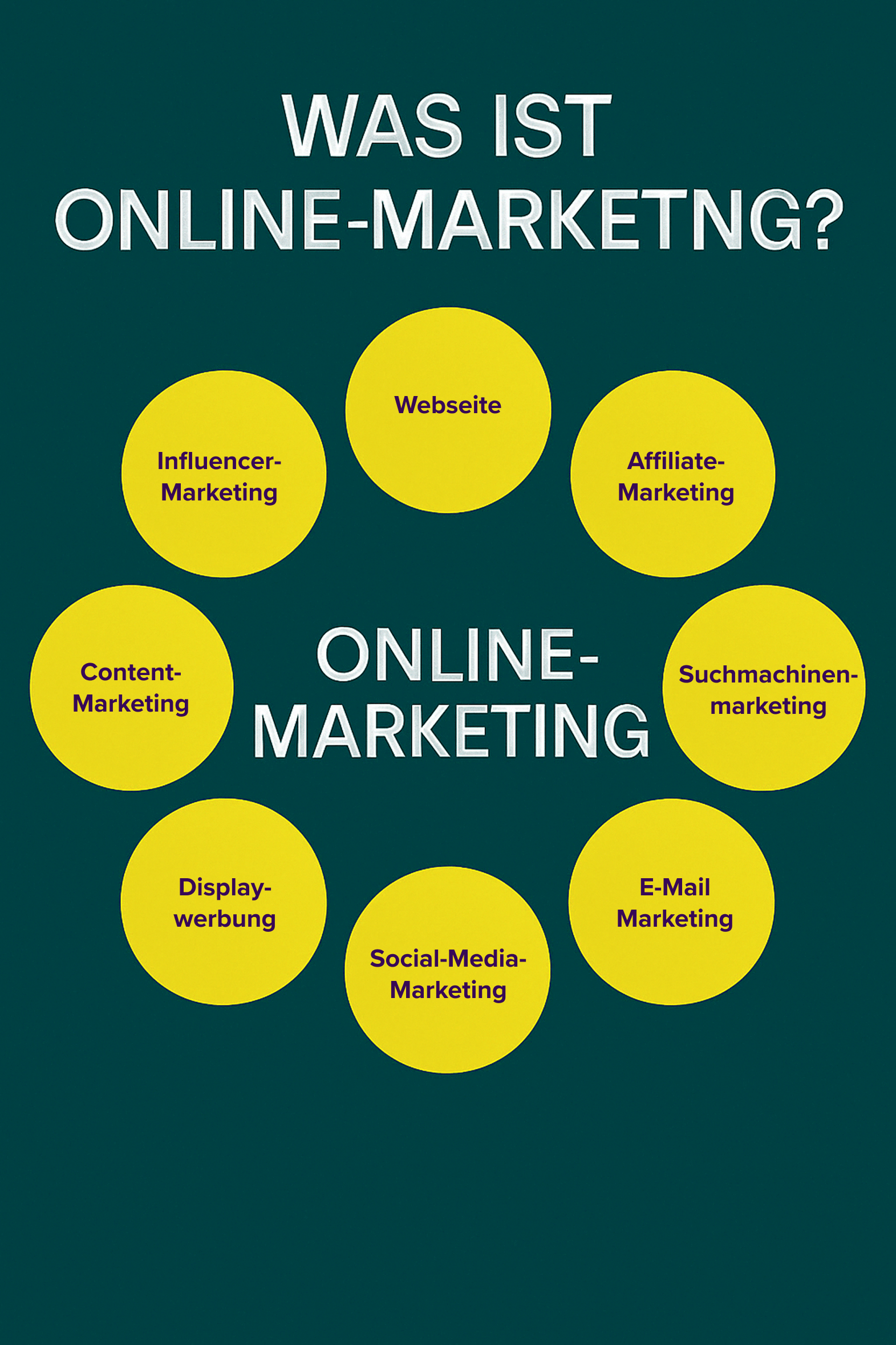 Infografik: Was ist Online-Marketing? Übersicht der wichtigsten Online-Marketing-Kanäle wie Social Media, SEO, SEA, E-Mail-Marketing, Content-Marketing und mehr.